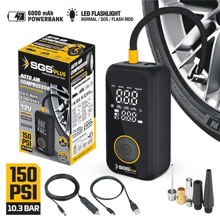SGS5398 Şarjlı Dijital Hava Kompresörü 12V 6 Ah 150 PSI